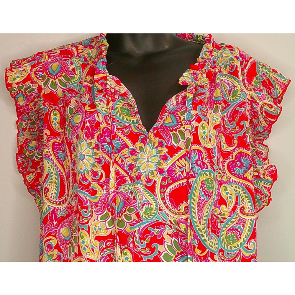 Chenault 1X Flutter Sleeve V-Neck Blouse Short Sleeve Paisley Floral - Picture 2 of 6
